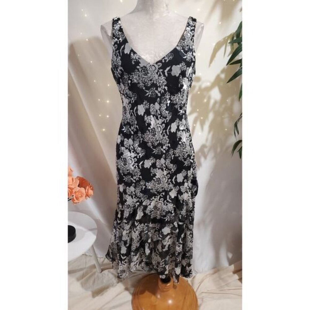 Vtg Alex Evenings Floral Rose Silk Blend Sheer Ruffle Beaded Sequin Dress 12P